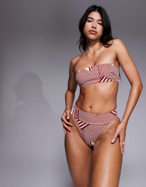 ASOS DESIGN Florence premium high leg deep waist bikini bottom in burgundy stripe - view 1