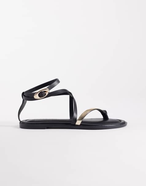ASOS DESIGN - Florence - Sandalen met smalle bandjes, teenlus en brede pasvorm in zwart - view 1