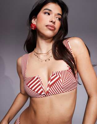 ASOS DESIGN ASOS DESIGN Florence spliced stripe print in white & red v-wire bikini top-Multi