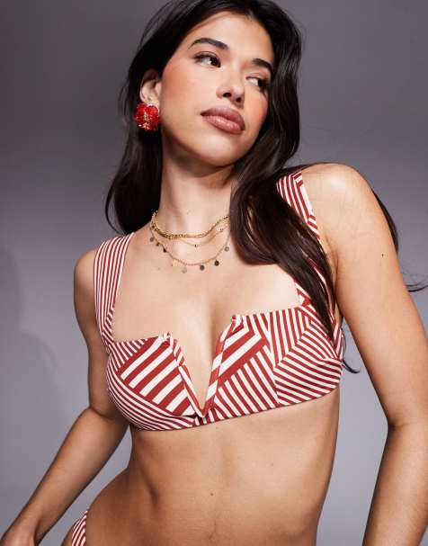 ASOS DESIGN Florence v-wire bikini top with spliced stripe print in white & red - view 1