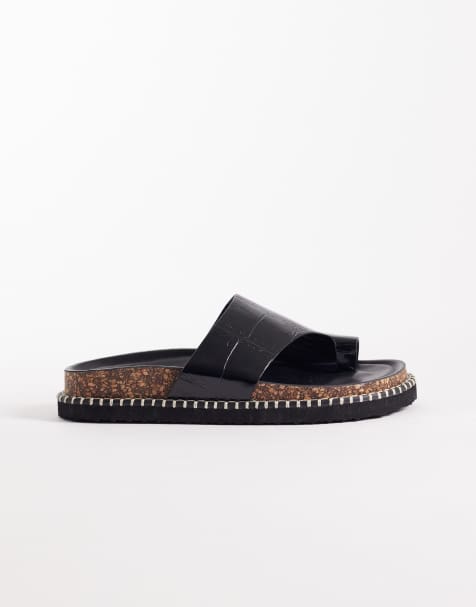 ASOS DESIGN Floris toe loop flat sandal in black croc - view 1