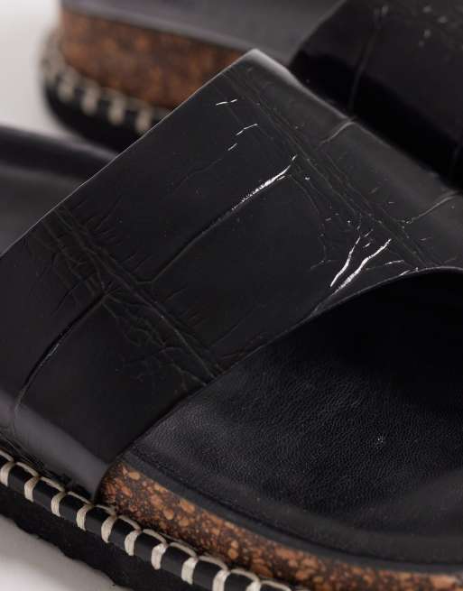 ASOS DESIGN Floris toe loop flat sandal in black croc, 3 of 4
