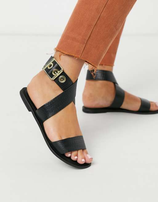 ASOS DESIGN Flossy leather cross strap flat sandals in black croc | ASOS