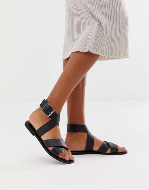 ASOS DESIGN Flossy leather cross strap flat sandals | ASOS