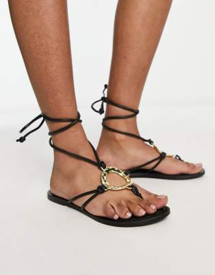 Asos Design Flourish Bashed Hardware Flat Sandals In Black