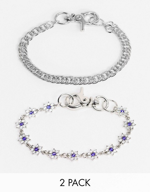 ASOS DESIGN midweight 6mm chain bracelet pack with crystal flowers in silver tone