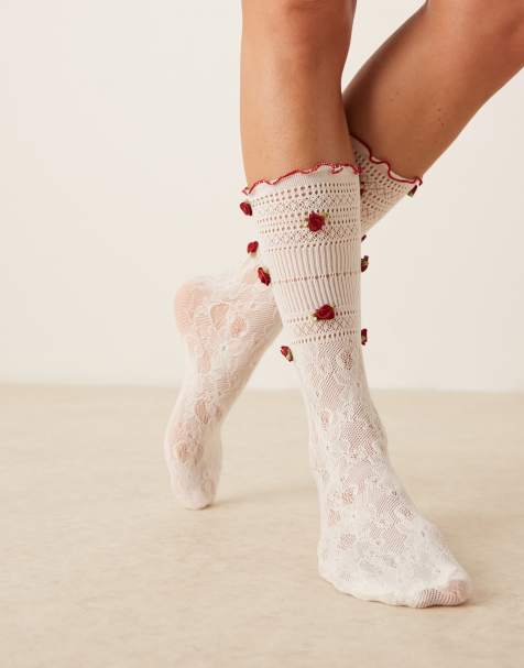 ASOS DESIGN flower embellished long lace frill ankle socks in white - view 1