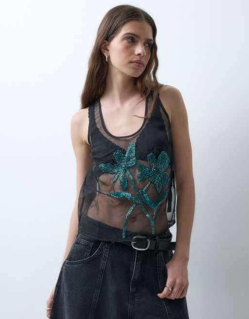 ASOS DESIGN flower embellished sheer cami in black, 5 of 5