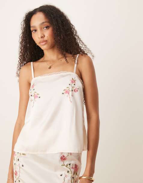 ASOS DESIGN flower embroidered satin cami (part of a set) - view 1