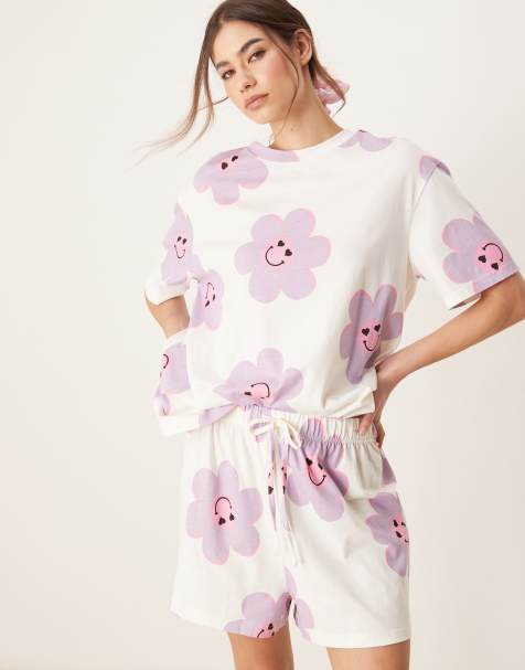 ASOS DESIGN flower oversized tee and short pyjama set in cream - view 1