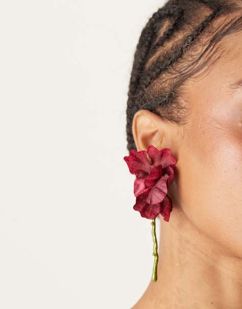 ASOS DESIGN flower stud earrings with beaded stalk in burgundy - view 1