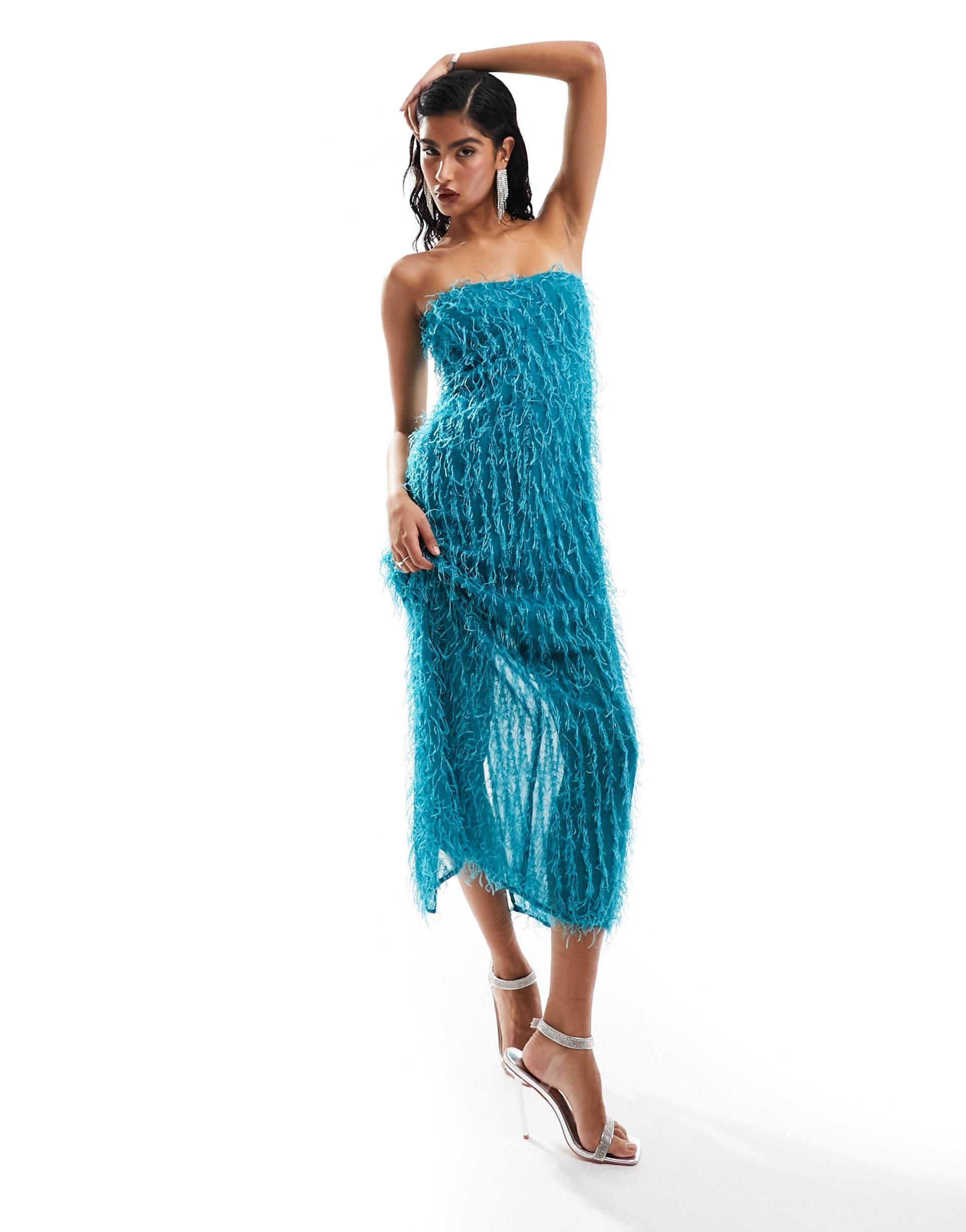 asos design fluffy bandeau midi dress in bright teal