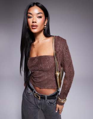 Asos Design Fluffy Bandeau Top With Long Sleeve Cardigan In Chocolate-brown