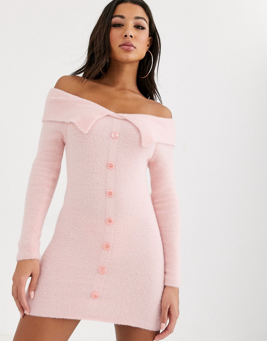 Asos Design Fluffy Bardot Knit Mini Dress-pink