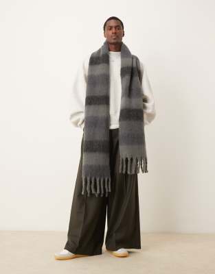 ASOS DESIGN fluffy blanket scarf with stripes in grey