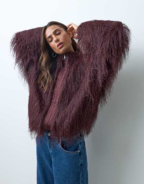 ASOS DESIGN fluffy bomberjack in bordeauxrood - view 1
