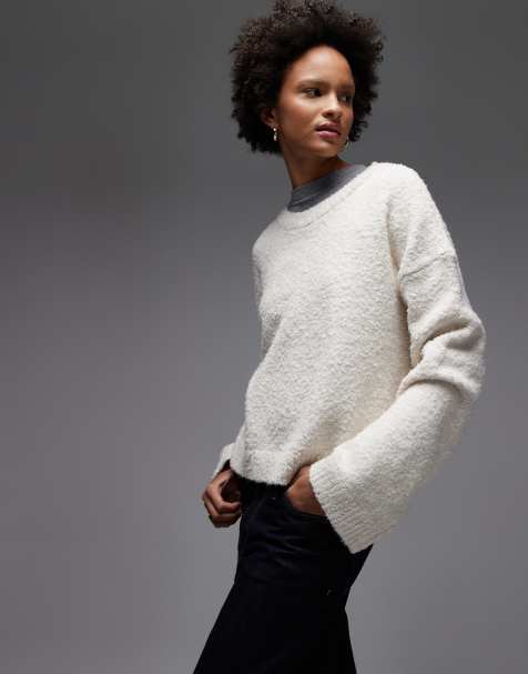 ASOS DESIGN fluffy boucle wide sleeve knitted jumper in ecru - view 1