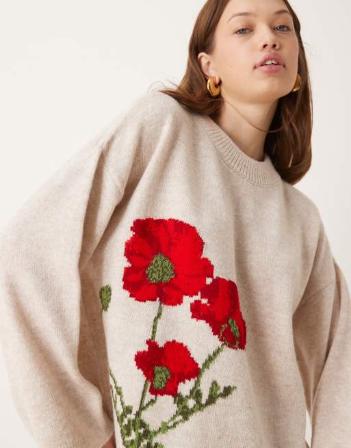 ASOS DESIGN fluffy boxy jumper with floral design in ecru, 2 of 4