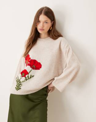 Asos Design Fluffy Boxy Sweater With Floral Design In Ecru-white