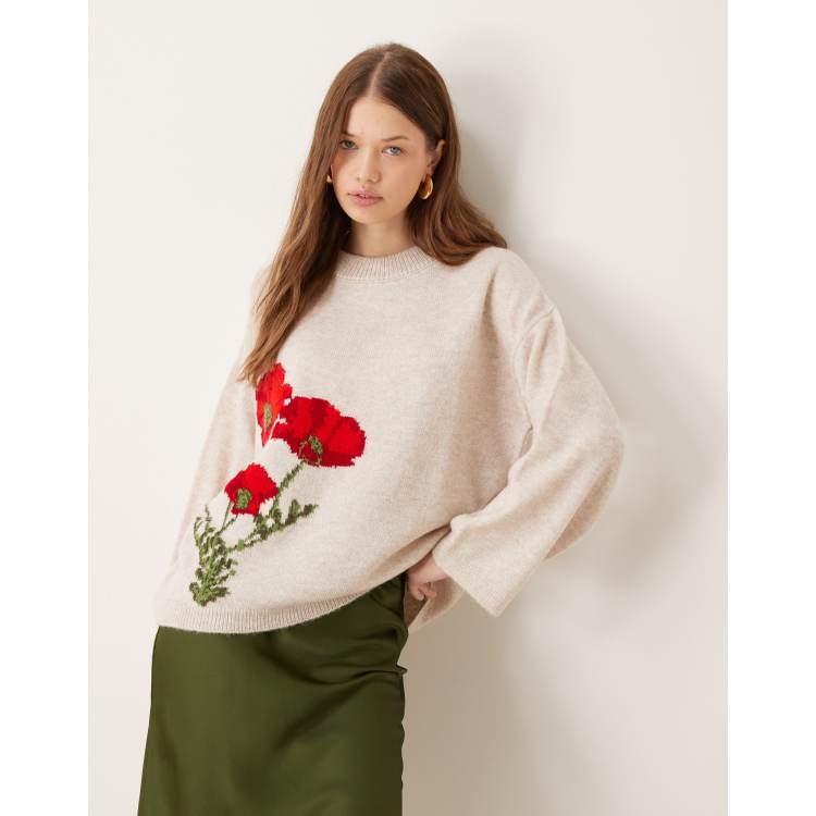 Agne Kuzmickaite XS Rose Floral hot Patch Long Sleeve Beige Pullover Sweater Pockets