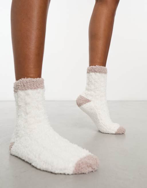 ASOS DESIGN fluffy cable knit lounge socks in cream