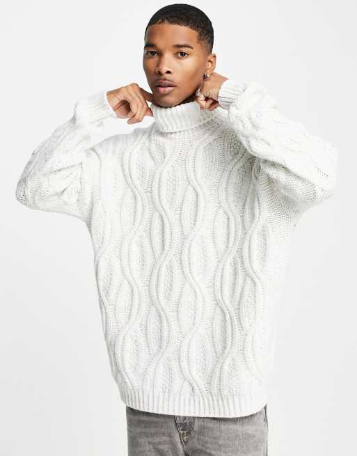 ASOS DESIGN fluffy cable knit sweater in off white