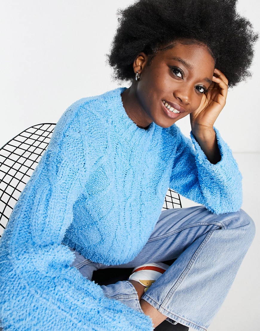 ASOS DESIGN fluffy cable sweater in blue-Blues