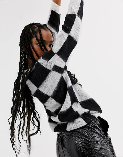 ASOS DESIGN fluffy checkerboard sweater in oversized fit