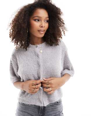 Asos Design Fluffy Chenille Boxy Cardigan In Gray