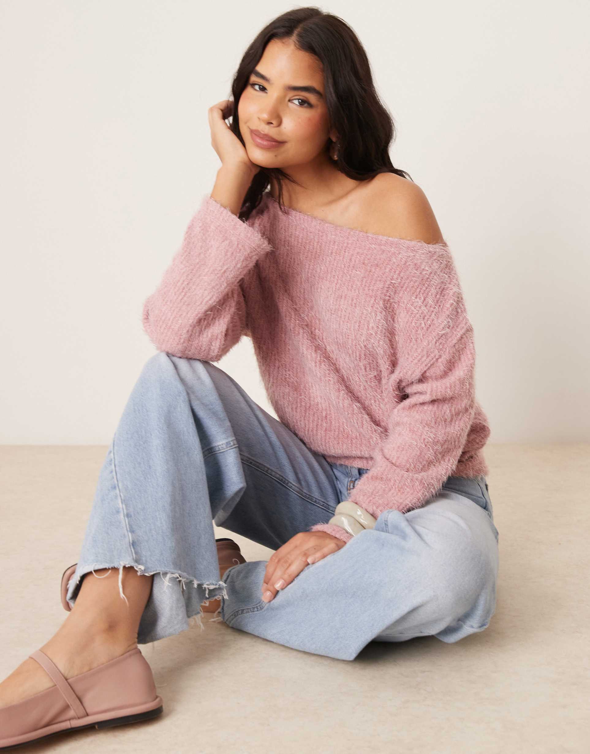 asos design fluffy chenille off shoulder top in pink