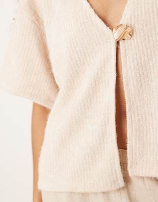 Asos Design Fluffy Chenille Short Sleeve Cardigan With Gold Detail Button In Blue