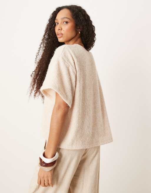 ASOS DESIGN fluffy chenille short sleeve cardigan with gold detail button in cream, 4 of 4