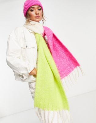 ASOS DESIGN fluffy colour block scarf in lime and pink