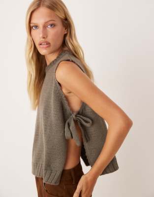 Asos Design Fluffy Crew Neck Knit Tabard T-shirt With Tie Sides In Gray