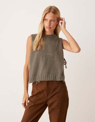 Asos Design Fluffy Crew Neck Knit Tabard T-shirt With Tie Sides In Gray