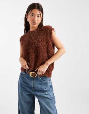 Asos Design Fluffy Crew Neck Relaxed Fit Tank In Brown