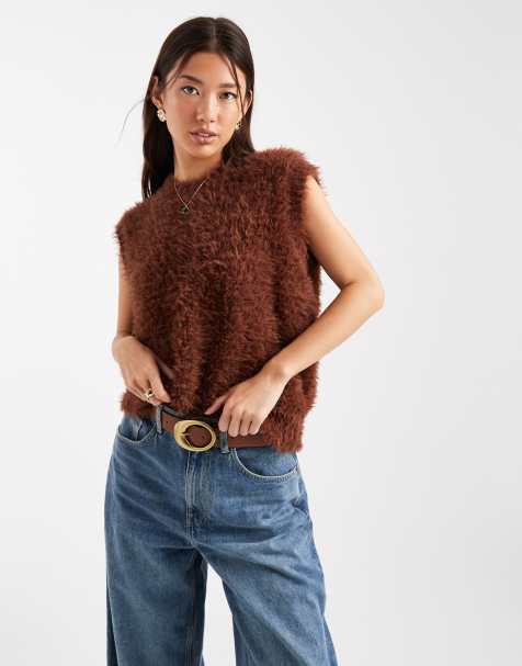 ASOS DESIGN fluffy crew neck relaxed fit tank in toffee - view 1