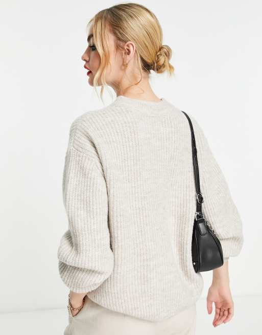 ASOS DESIGN fluffy crew neck rib jumper in oatmeal