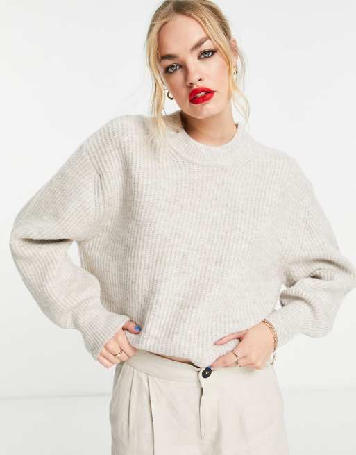 ASOS DESIGN fluffy crew neck rib jumper in oatmeal