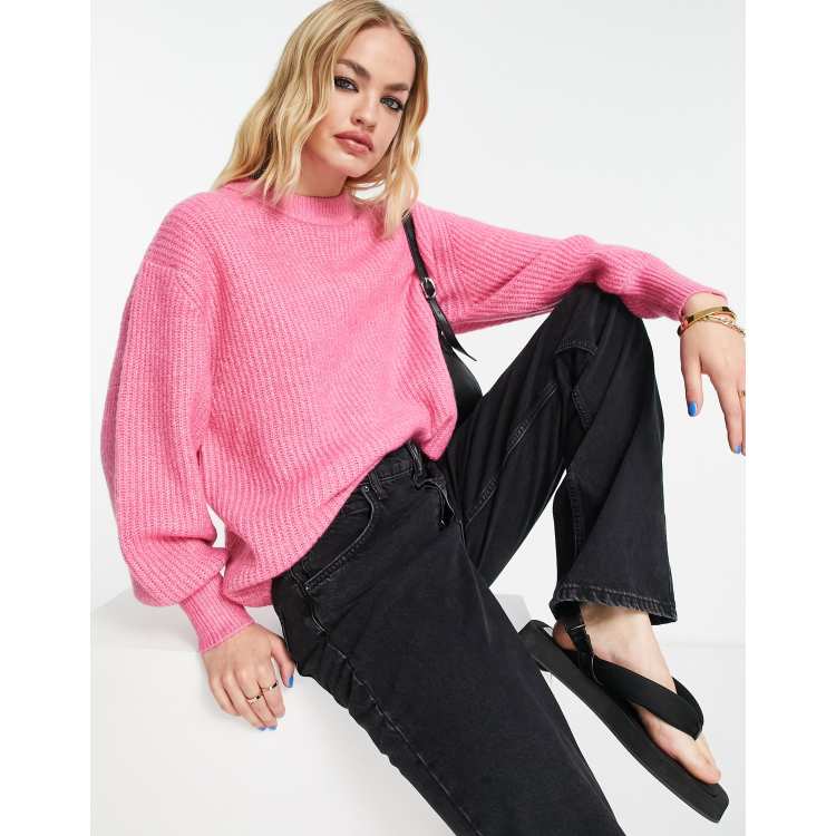 ASOS DESIGN fluffy crew neck rib jumper in pink