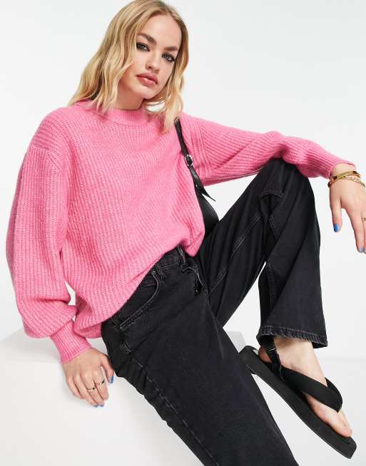 ASOS DESIGN fluffy crew neck rib jumper in pink ASOS