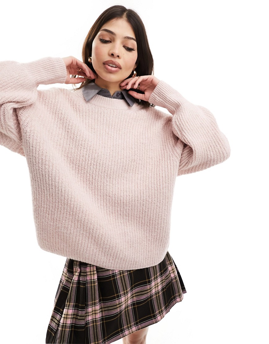 Asos Design Fluffy Crew Neck Sweater In Pink
