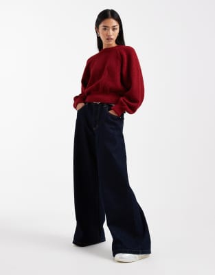 Asos Design Fluffy Crew Neck Sweater With Raglan Detailing In Red