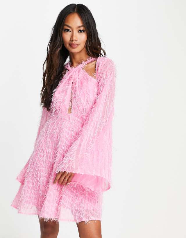 ASOS DESIGN fluffy cross neck mini dress with ruched detail in pink