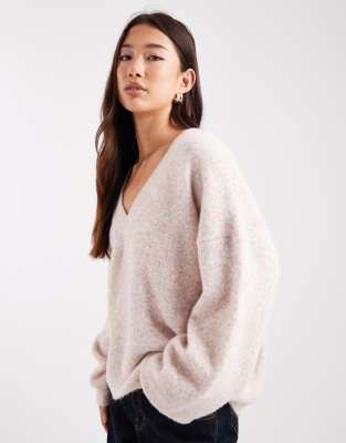 Asos Design Fluffy Deep V Neck Sweater In Neutral