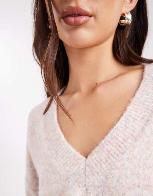 ASOS DESIGN fluffy deep v neck sweater in pink heather