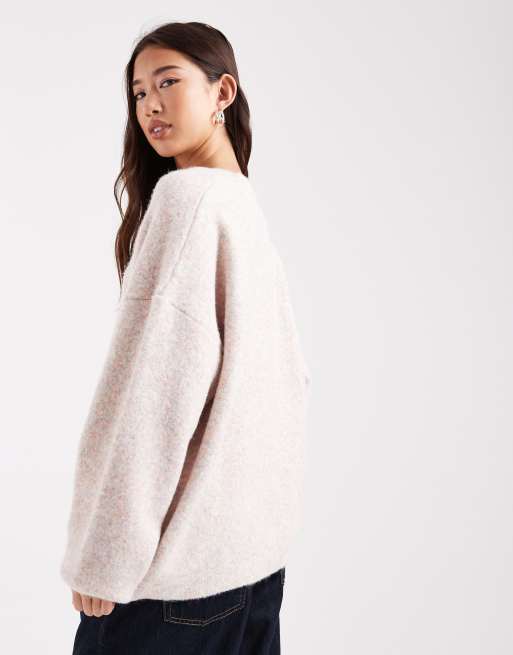 ASOS DESIGN fluffy deep v neck sweater in pink heather