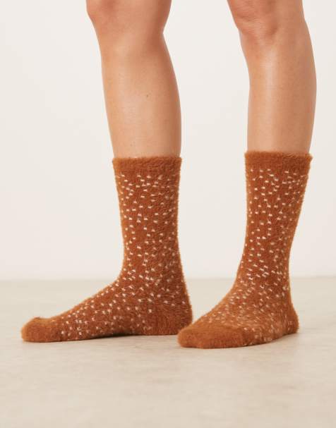 ASOS DESIGN fluffy deer print socks in brown - view 1
