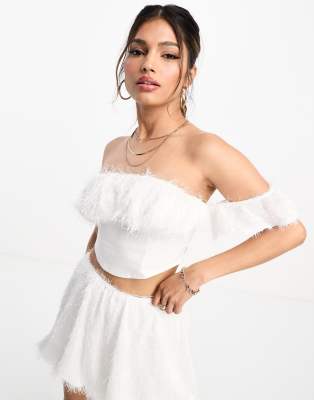 ASOS DESIGN tie front corset top with puff sleeve in white 3D floral lace