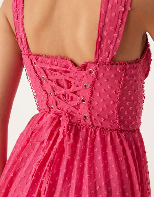 ASOS DESIGN fluffy dobby milkmaid bust pleated mini dress in hot pink | ASOS